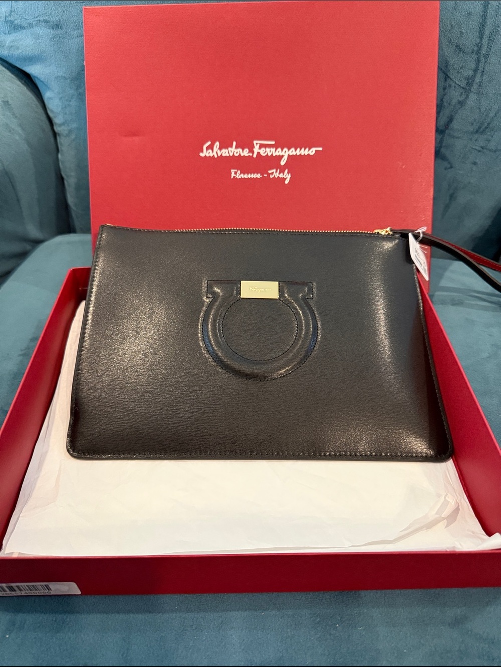 Salvatore Ferragamo Black Leather Gancini Wristlet NEW IN BOX!